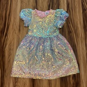 Lola + The Boys Iridescent Blue Dress with Puff Sleeves and Full Skirt